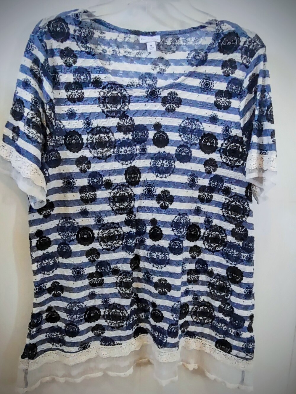Blue & White Striped Lace Trim Embellished Tunic Top Plus Size 1X